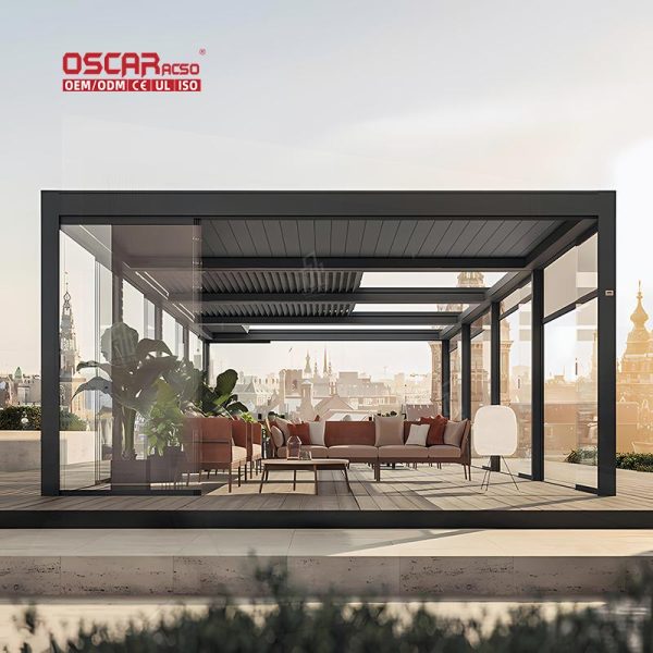 Outdoor Electric Pergola with Sliding Glass Door Waterproof Garden Patio Backyard innovative Functional Retractable Pergola