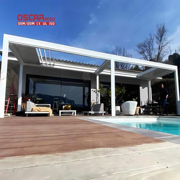 New Design Outdoor Waterproof Electric Louver Roof Garden Awnings with Lighting Patio Balcony Terrace Retractable Pergola