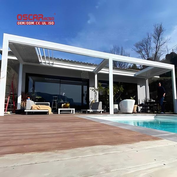 Aluminum Outdoor Electric Opening Garden Shade Structure with Led Light For Patio Balcony Backyard Retractable Pergola