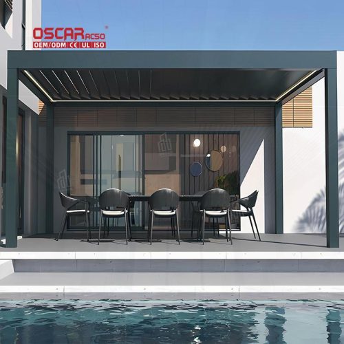 Outdoor Motorized Aluminium Louvered Glass Structure Sun Shading in Garden Patio Terrace with Modern Design Retractable Pergola