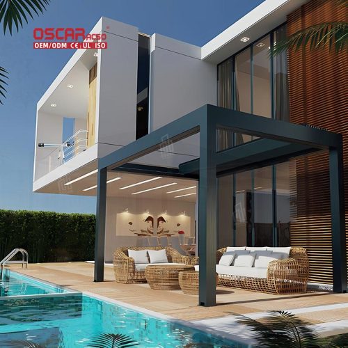 Design Motorized Bioclimatic Aluminium Louver Shade Structure with Led Lighting Patio Garden Backyard Use Retractable Pergola