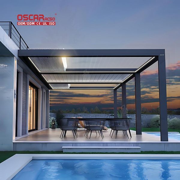 Retractable Bioclimatic Outdoor Furniture Set with Led Lighting Back Yard Patio Garden Retractable Pergola