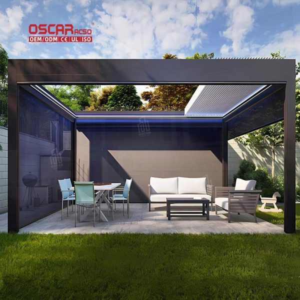 Waterproof Motorized Solar Outdoor Structure with Side Curtain Garden Patio Backyard Retractable Pergola
