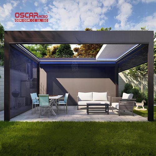 Aluminum Louver Bioclimatic Outdoor Terrace Roof with Curtain Garden Patio Balcony Retractable Pergola