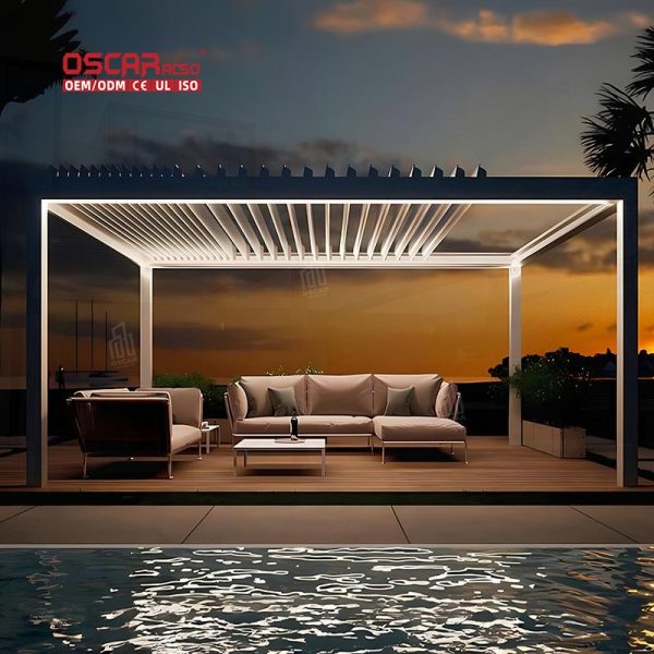 Outdoor Waterproof Motorized Louvered Aluminium Shade Structure Garden Patio Backyard Bioclimatic Shelter Retractable Pergola