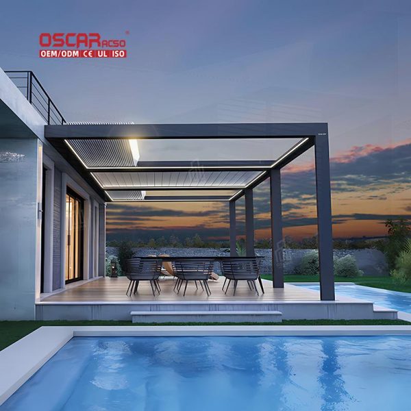 Modern Summer Motorized Opening Louver Roof Deck Pavilion Pergola Outdoor Shading and Ventilation Retractable Pergola