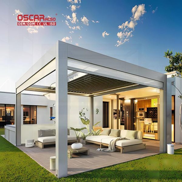 Waterproof Motorized Led Lighting Louvre System Pergola with Support Posts Outdoor Patio Garden Use Retractable Pergola