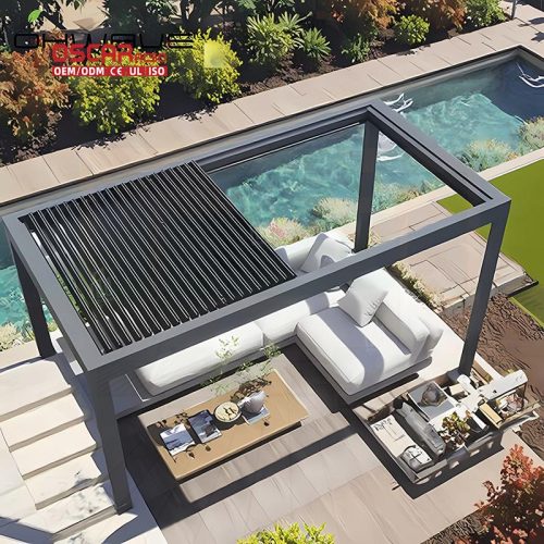 Motorized Waterproof Aluminum Pergola with Led Strip Lights Luxury Garden Gazebo Outdoor Backyard Patio Retractable Pergola