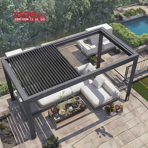 Design Aluminium Prefab Houses Bioclimatic Motorized Louvered Structures Ideal Gardens Patios Backyards Retractable Pergola