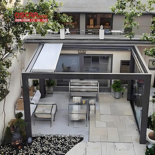 Pergola with Side Wall Screens Terrace Roof Outdoor Patio Balcony Adjustable Shading Modern Design Retractable Pergola