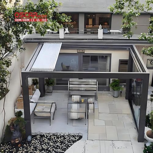 Outdoor Waterproof Motorized Pavilion with Led Light Strip - Aluminium Pergola Garden Patio Backyard Retractable Pergola