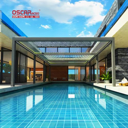 Design Aluminium Prefab Houses Bioclimatic Motorized Louvered Structures Ideal Gardens Patios Backyards Retractable Pergola