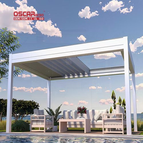 Outdoor Patio Louvered Cover with Led Light Terrace Garden Roof Gazebo Retractable Pergola