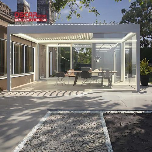 Motorized Waterproof Aluminum Pergola with Led Strip Lights Luxury Garden Gazebo Patio Backyard Poolside Retractable Pergola