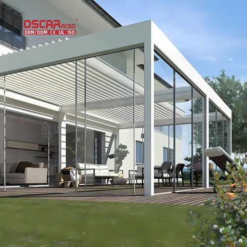 Remote Control Electric Aluminum Pergola with Side Wall Screens Terrace Roof Outdoor Patio Retractable Pergola