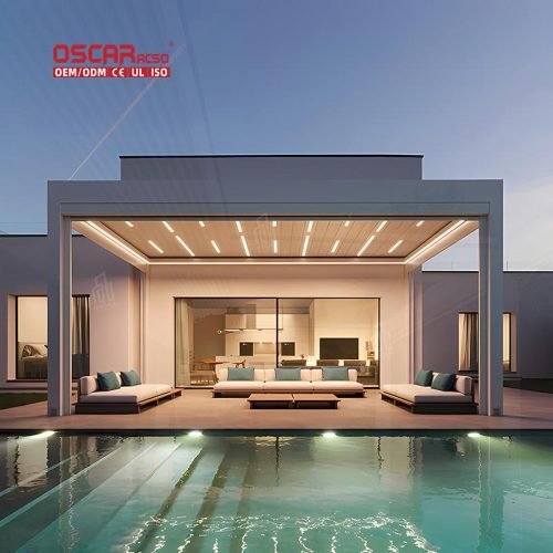 Motorized Aluminum Flat Roof Metal Pavilion with Curtains Outdoor Patio Garden Backyard Bioclimated Luxury Retractable Pergola