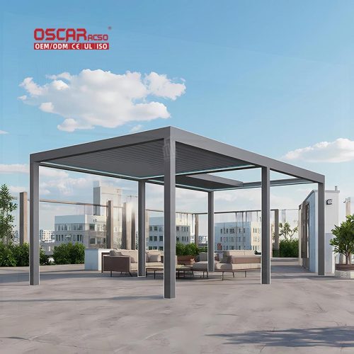 Motorized Waterproof Aluminium Frame Louvered Outdoor Pergola Gazebo with Led Lights Garden Patio Backyard Retractable Pergola