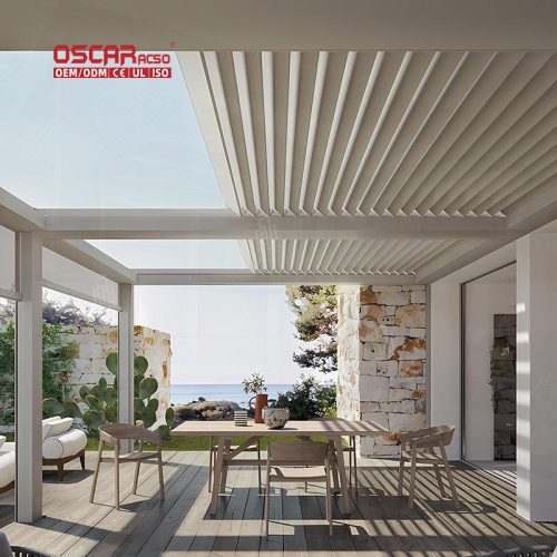 Outdoor Motorized Adjustable Ventilated Louvered Roof Shade Structure Kits Garden Patio Poolside Retractable Pergola