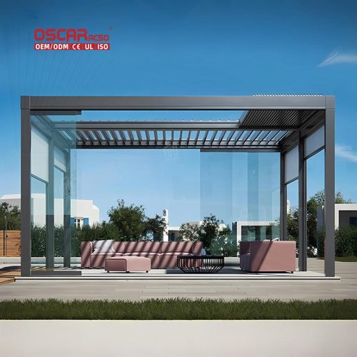 Aluminium Pergolas Terrace with Black Metal Design and Wind Resistance Outdoor Party and Garden Gathering Retractable Pergola