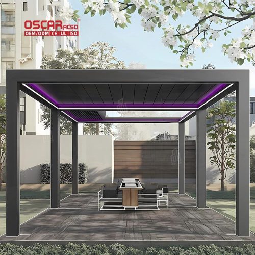Aluminum Flat Roof Metal Pavilion Gazebo with Curtains Outdoor Patio Garden Backyard Bioclimated Luxury Retractable Pergola