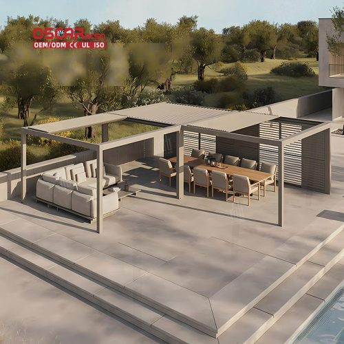 Aluminum Louvered Pavilion with Waterproof Function and Led Lights Luxury Modern Backyard Patio Lawn Retractable Pergola