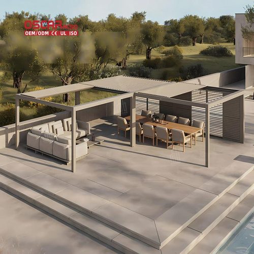 Aluminum Louver Bioclimatic Outdoor Terrace Roof with Curtain Garden Patio Balcony Retractable Pergola