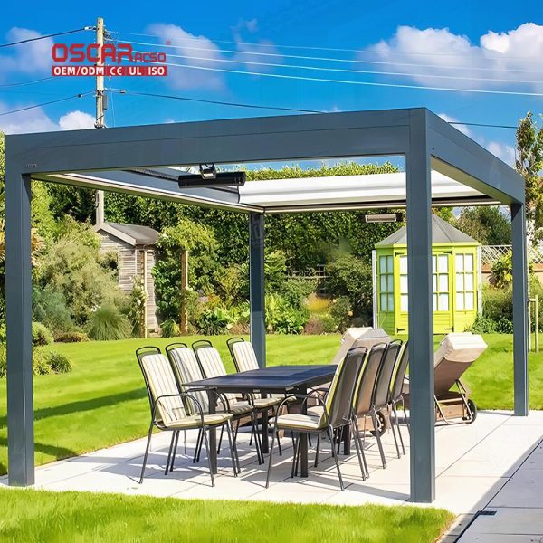 Electronic Enclosed Black Metal Pergola with Lamellen Opening Deck Designs Restaurant Backyard Patio Retractable Pergola