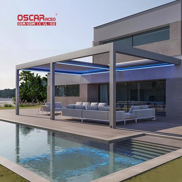 Motorized Aluminum Flat Roof Metal Pavilion Gazebo with Curtains Bioclimated Luxury Garden Patio Backyard Retractable Pergola