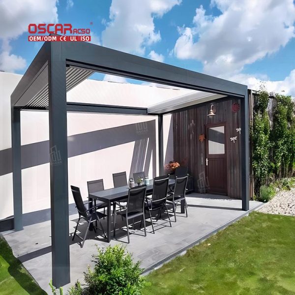 Waterproof Outdoor Aluminium Frame Louvered Shade Structure with Lighting For Garden Patio Backyard Retractable Pergola