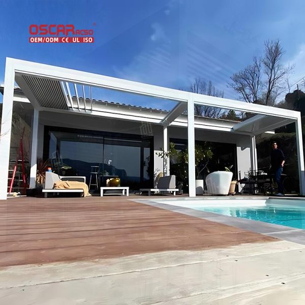 Wall Mounted Louvered Roof Garden Patio Balcony Outdoor Adjustable Ventilated Decking Gazebo - Style Pergola Retractable Pergola
