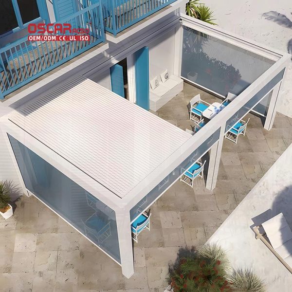 Controlled Opening Roof Louver Bioclimatic Aluminum Pergola with Zipper Blinds Garden Patio Poolside Retractable Pergola