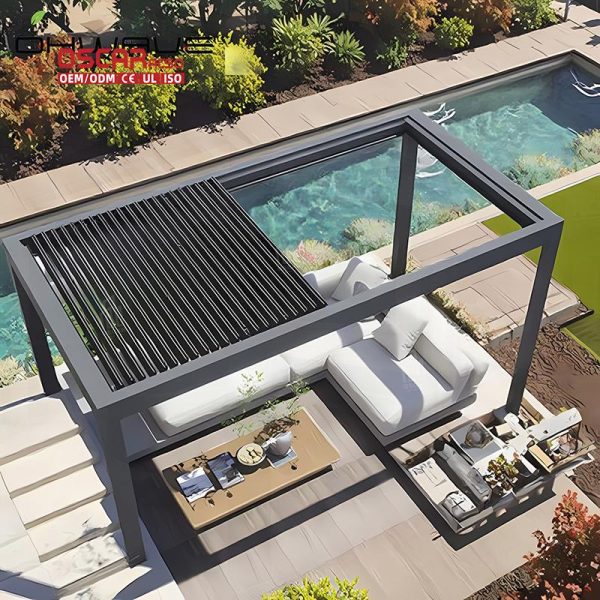 Waterproof Automatic Adjustable Aluminum Motorized Sunshade Louver Roof Kit Patio Hotel Outdoor Restaurant Retractable Pergola